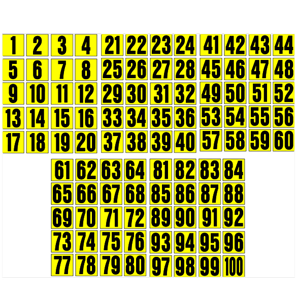 1 INCH CONSECUTIVE NUMBERS 1-100 BLACK ON YELLOW-585x585